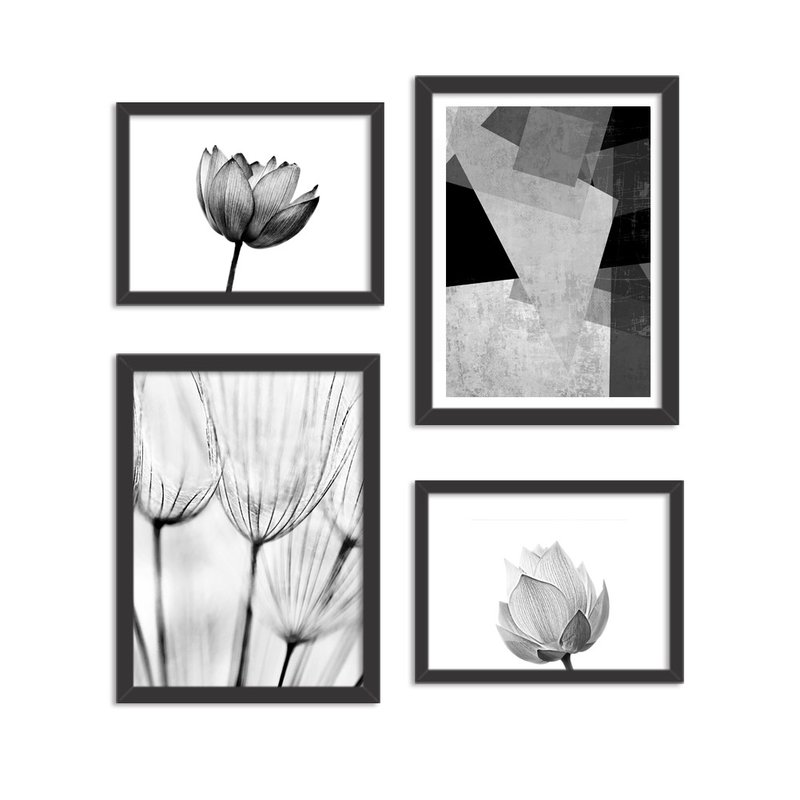 Conjunto de 4 Quadros Decorativos Premium Lotus Black and White