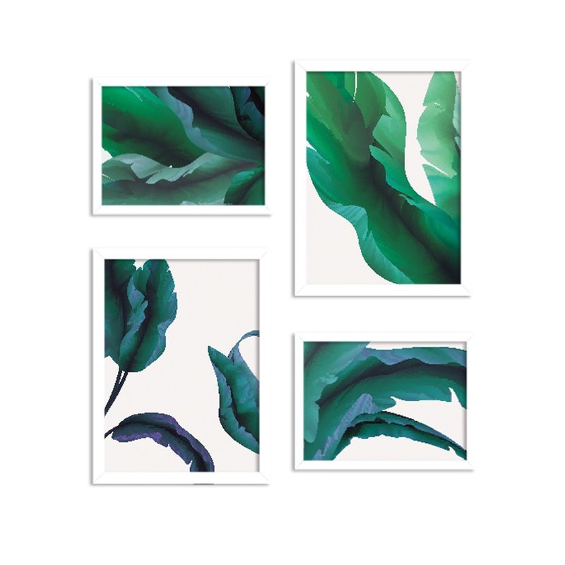 Conjunto de 4 Quadros Decorativos Premium Folhas Natureza Verde Abstrata